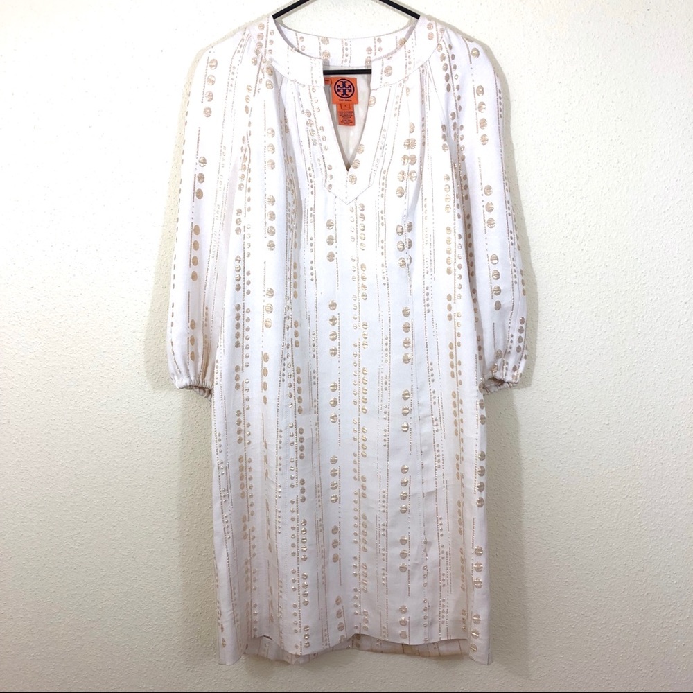 Tory Burch Metallic Print Split-Neck Tunic Dress